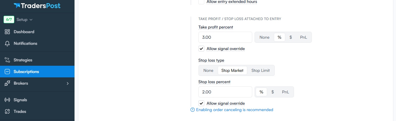 TradersPost Subscription showing Allow signal override toggles for Take Profit and Stop Loss