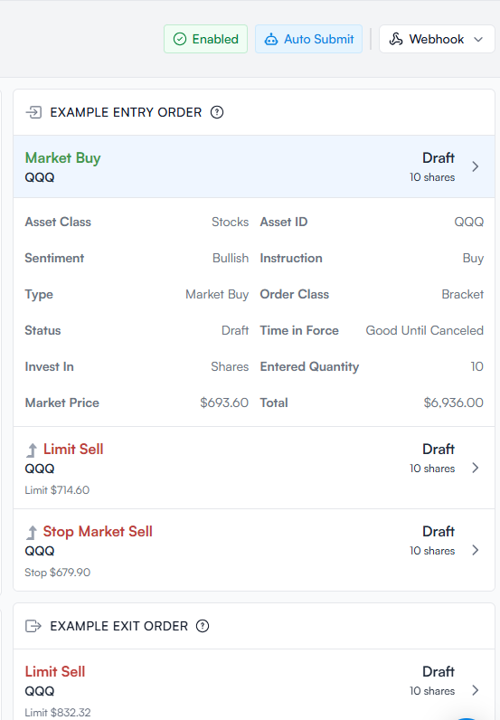 TradersPost Strategy page with Enabled toggle green